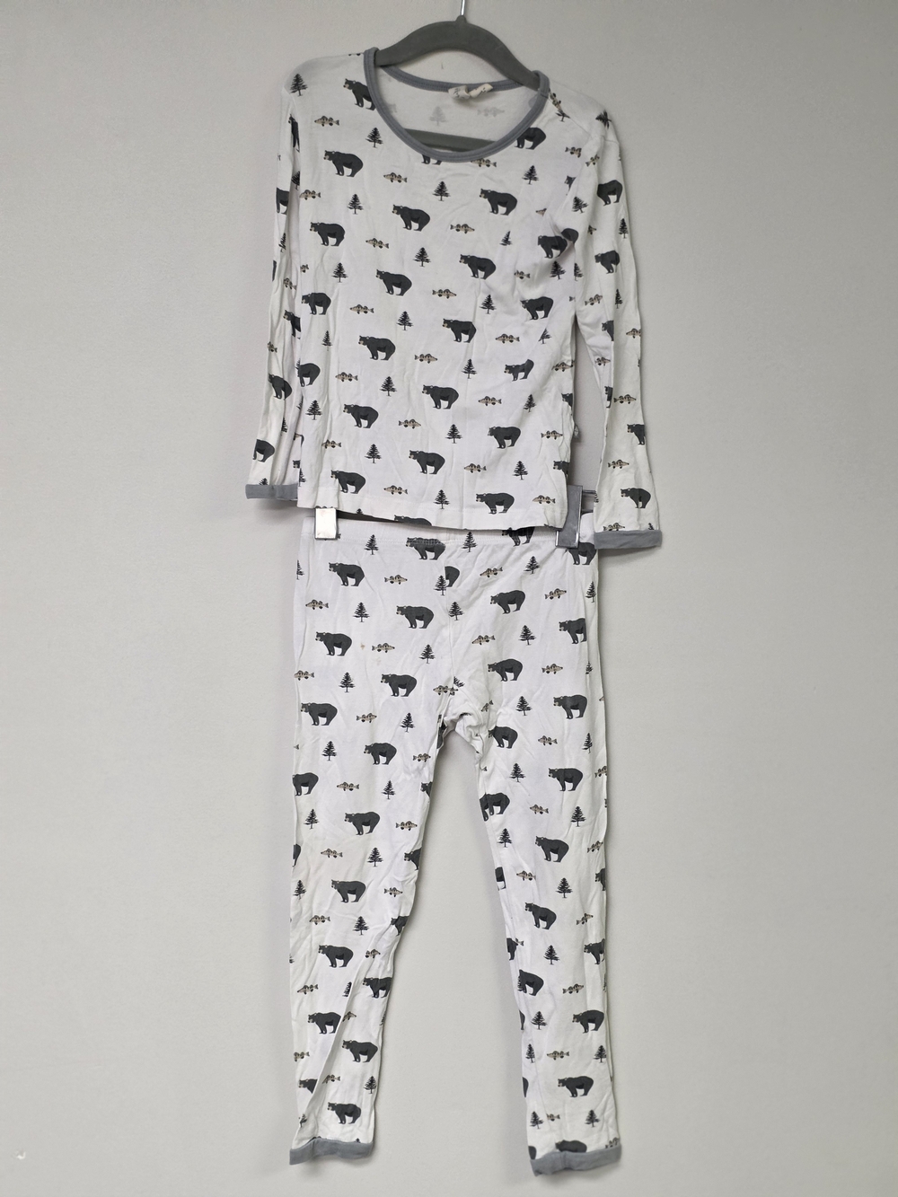 Kids White Bear Print Pajama Set with Gray Trim